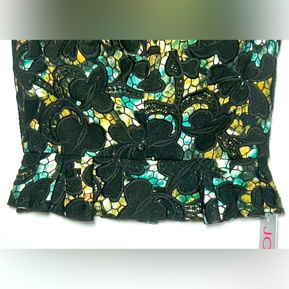 NWT Jovani Black, Green, & Yellow Lace Peplum Top, Built-In Bra, Back Zipper, 12 - Picture 11 of 16